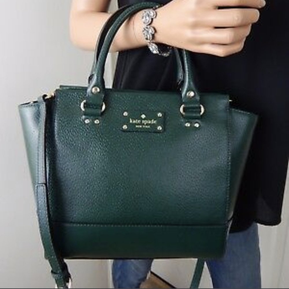 Kate Spade New York Camryn Wellesley Satchel Crossbody Green Leather Bag. - Picture 2 of 16